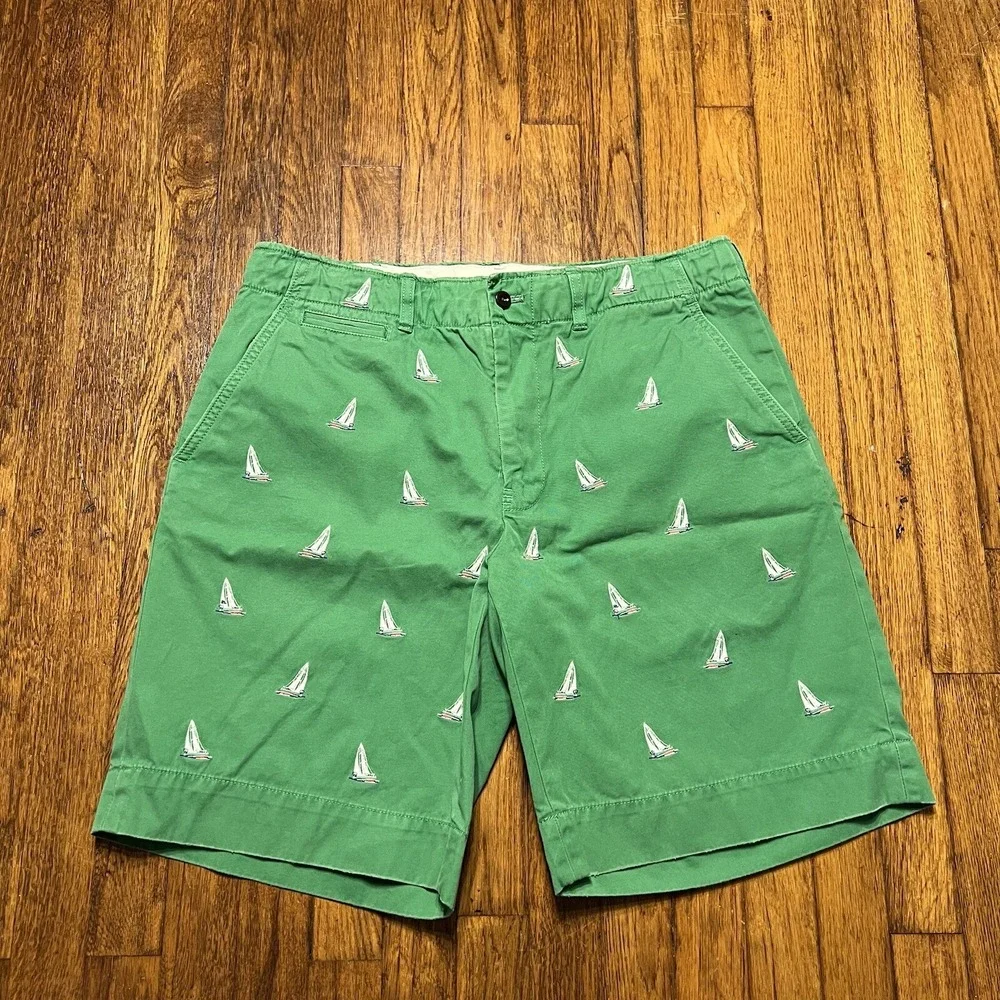 Polo Ralph Lauren Men's Boat Shorts Green Sailboats Size 35 100% Cotton